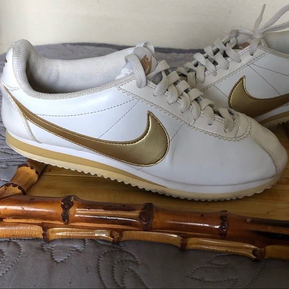 nike cortez womens white and gold